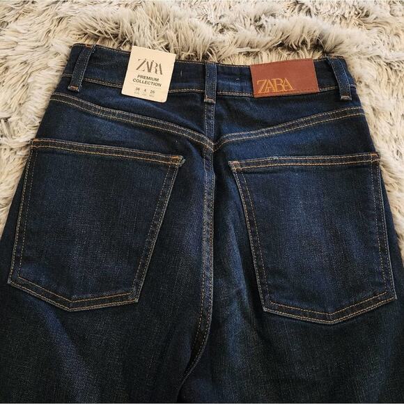 Zara High Rise Flare Leg Denim Jeans Dark Wash Fitted Waist Wide Leg Trousers 4 - Picture 9 of 11